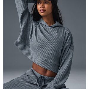 Alo Women's Muse Steel blue Ribbed Cropped Hoodie